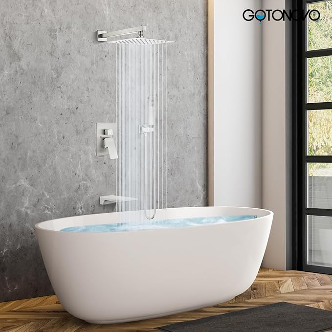 gotonovo Shower System with Tub Spout,Waterfall Tub Shower Faucet Set for Bathroom Head and Handle Set Wall Mounted 3 Function Rough-in Valve and Trim Included 10 inch Shower Head Brushed Nickel