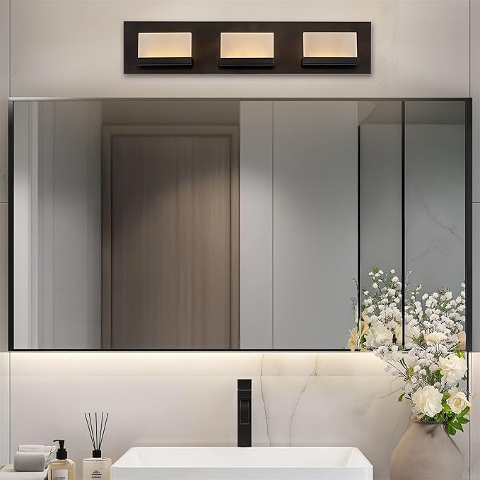Kira Home Everett 24" Modern 3-Light 30W Integrated LED (180W eq.) Bathroom/Vanity Light, Rectangular Acrylic Lenses, Energy Efficient, Eco-Friendly, 3000k Warm White Light, Oil Rubbed Bronze Finish