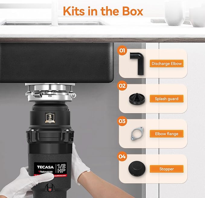 1/2 HP Garbage Disposal, TECASA Food Garbage Disposal with Power Cord, Stainless Steel Grinding System and 3-Bolt Mounting, Continuous Feed Compact Garbage Disposals, UL Certified, Taskmaid Series 50