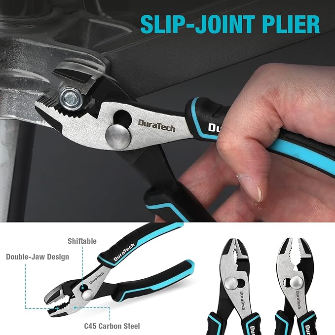 DURATECH 5-Piece Cr-Ni Pliers Set, 6" Long Nose, Slip Joint, Diagonal Cutting, 8" Linesman, Groove Joint Pliers, Easy Storage Oxford Rolling Pouch