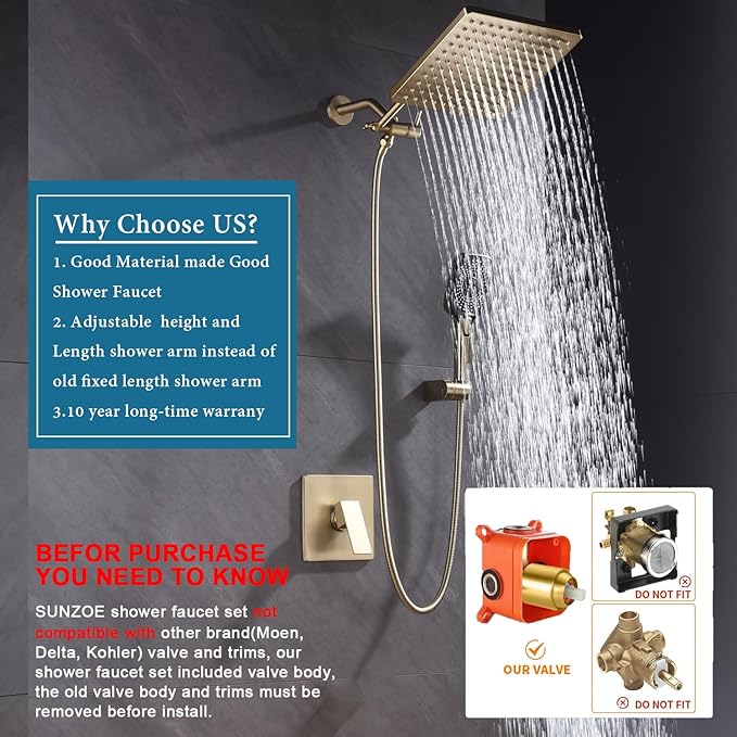 Shower Faucet Set Brushed Gold Rough-in Anti-Scald Pressure Balanced Valve Body Modern Luxury Wall Mounted 10 Inch Rain Mixer Shower System (Brushed Gold)