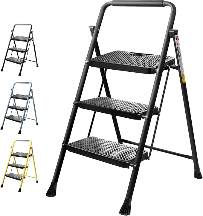 TICONN 3 Step Ladder, Heavy Duty Foldable Step Stool, Portable Steel Folding Stool for Household Garage Storage (Black)