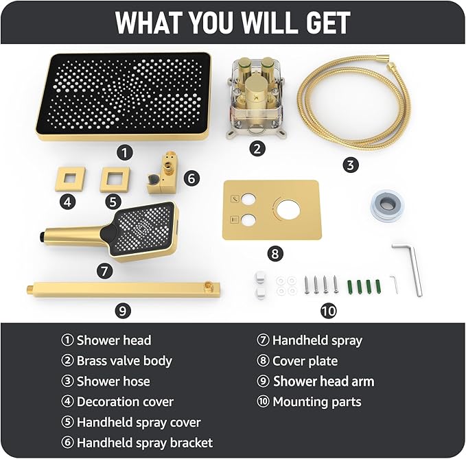 Iriber Thermostatic Shower System Wall Mount with Adjustable Water Flow Push Button Diverter,13 Inch Gold Rectangle Rainfall Shower Head and Handheld,Brushed Gold