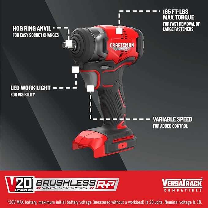 CRAFTSMAN V20 RP Cordless Impact Wrench, 3/8 inch Drive, Bare Tool Only (CMCF911B)