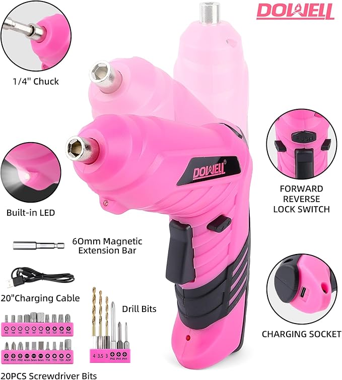 DOWELL 116Pcs Pink Tool Kit with 3.6V USB Cordless Screwdriver, Small Drill Set for Women, Girls