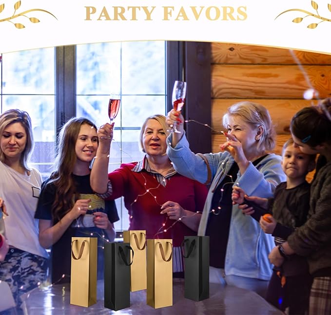 Fumete 50 Pack Wine Bottle Gift Bags Paper Wine Gift Bags Bulk 13.8x3.7x3.5 Wine Bags with Handles Appreciation Gifting Bags for Christmas Wedding Anniversary Birthday Party(Black, Gold)