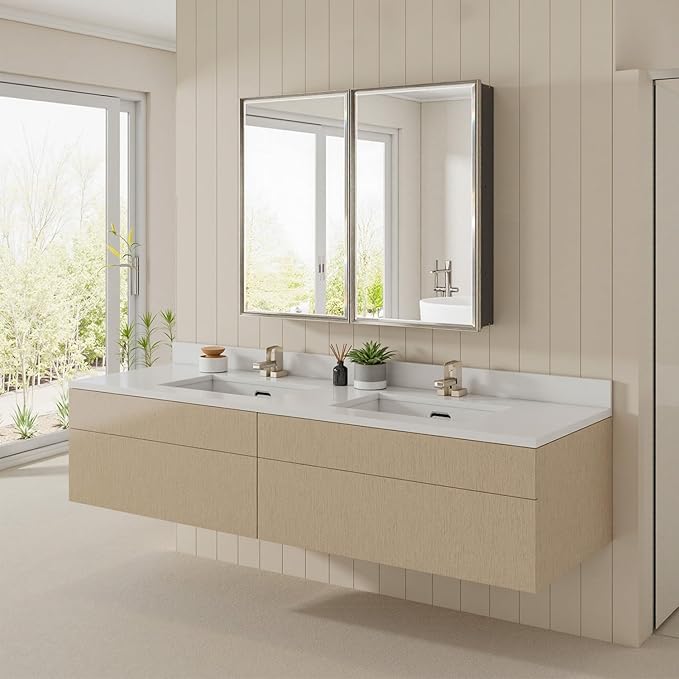 40x30 Brushed Nickel Medicine Cabinet, Recessed or Surface Large Framed Medicine Cabinet with 3 Beveled Mirror Door & Adjustable Shelves, Shatterproof, Pre-Assembled Bathroom Storage Cabinet