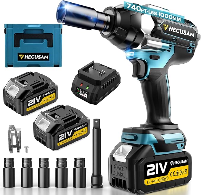 1/2" Cordless Impact Wrench, 1000N.m (740Ft-lbs) Brushless Impact Gun, 2x4.0Ah Batteries, Max 2700RPM with Reverse Auto-Stop & LED Light for Car Truck Lug Nuts, Auto Repair, Industrial & DIY