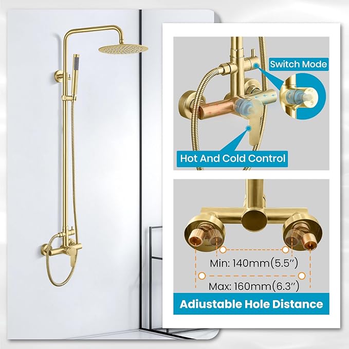 gotonovo Outdoor Shower Fixtures SUS304 Stainless Steel Rain Shower Kit Faucet High Pressure Wall Mount 2 Dual Function 8 Inch Showerhead and Handheld Spray Combo, Single Handle, Brushed Gold