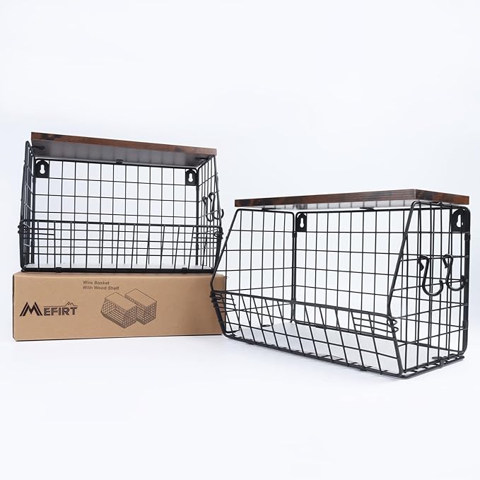 2pcs Fruit Basket Kitchen Storage Basket with Wood Lid, Stackable Wall Basket Fruit Basket for Kitchen, Countertop Organizer for Snack, Fruit and Veggie Storage, 11.8 x 7.9 x 8.5 Inch