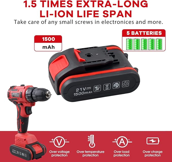 jar-owl 21V Max Cordless Drill/Driver Kit, Brushless, Tool Set with Drill and 112pcs Household Hand Tool Kit for Daily Home Repair, Red