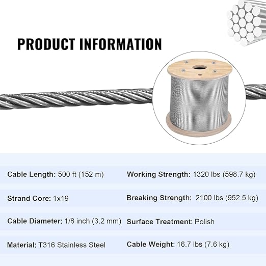 VEVOR Stainless Steel Cable Railing 1/8"x 500ft, Wire Rope 316 Marine Grade, Braided Aircraft Cable 1x19 Strands Construction for Deck Rail Balusters Stair Handrail Porch Fence