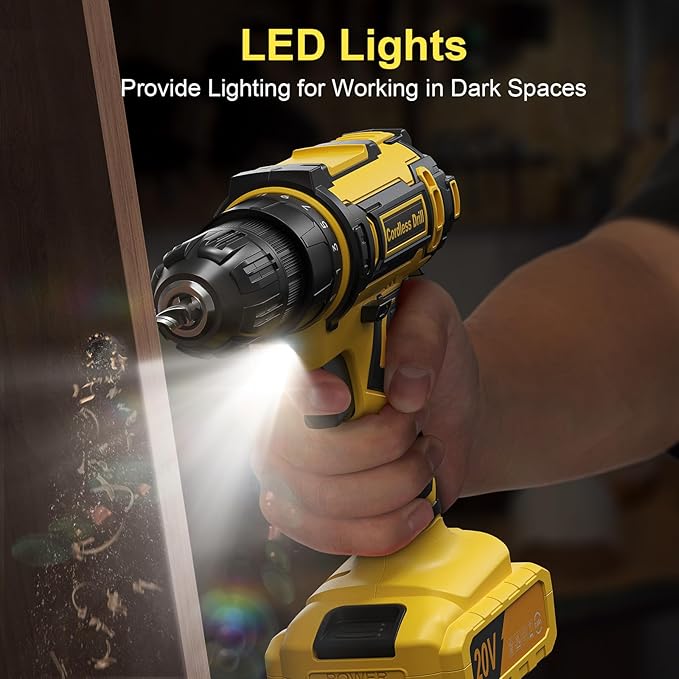 Cordless Drill Set, 20V Power Drill with Power Pack 2.0Ah and Charger, 3/8-Inch Keyless Chuck Electricdrill, 25+1 Torque, 42pcs Drilldriver Bits/Screws for DIY Projects (Yellow)