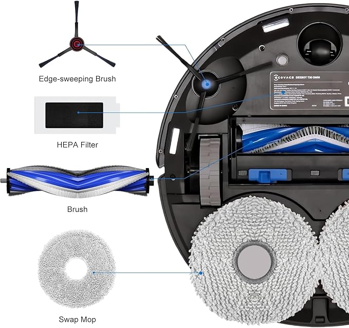 T30s Vacuum Accesories Kit Compatible with ECOVACS DEEBOT T30S Combo Robot Vacuum, t30s Replacement Parts Include 1 V-Shaped Brush, 1 Hepa Filters, 1 Mop Pads, 1 Side Brush, 1 Dust Bags (5 PCS)