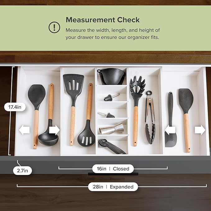 KitchenEdge Adjustable Kitchen Drawer Organizer for Utensils and Junk, Food-Safe Contract Grade with 100% Sustainable Wood, Expandable from 16 to 28 Inches Wide - White Bamboo
