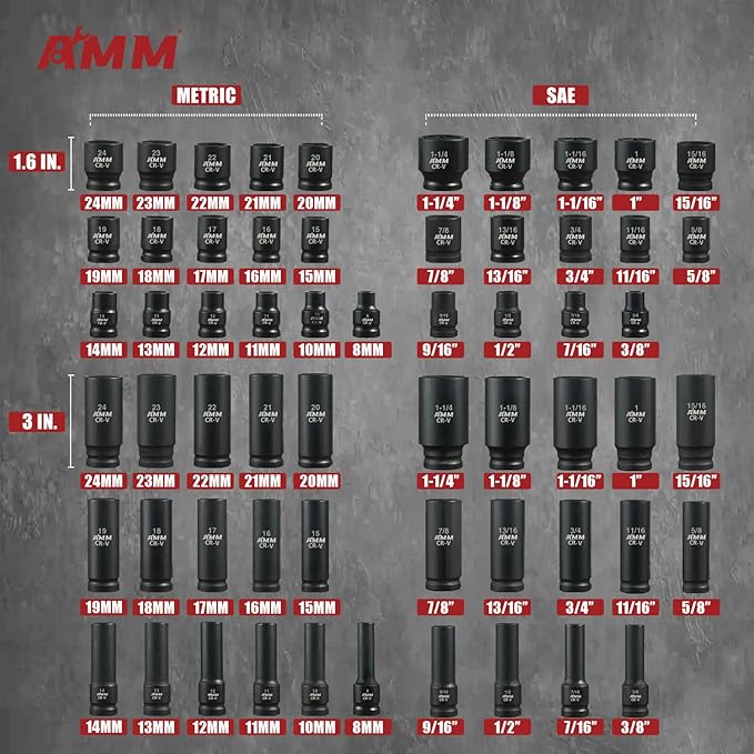 AMM 1/2-inch 66 Pieces Impact Socket Master Set, SAE & Metric from 5/16"-1-1/4",8-24mm, Shallow/Deep Socket Set with Ratched Hand, Extension Bar and Adapters,Cr-V steel