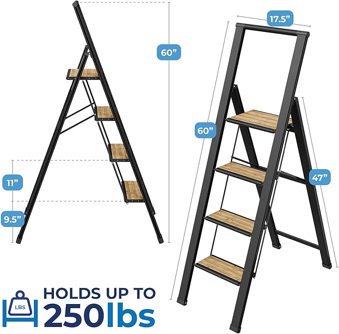 Step Ladder 4 Step Folding, Decorative - Beautiful Bamboo & Black Aluminum, Ultra Slim Profile, Anti Slip Steps, Sturdy-Portable for Home, Office, Kitchen, Photography Use,by SORFEY