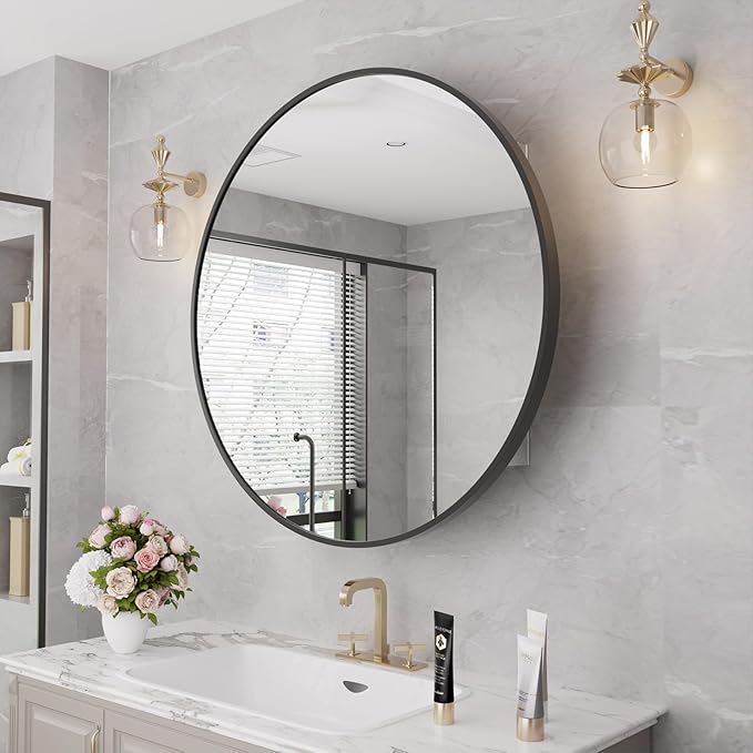 WallBeyond Bathroom Medicine Cabinet with Mirror, 28 Inch Black Round Mirror Medicine Mabinet Wall Mounted with Aluminum Alloy Metal Framed, Surface Mount Medicine Cabinet with Storage
