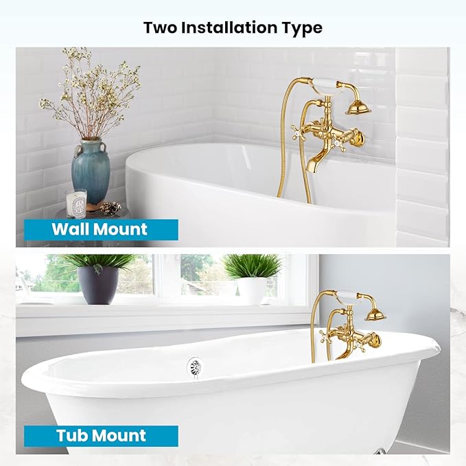 gotonovo Clawfoot Bathtub Faucet Tub Filler with Hand Held Shower Faucet Set Victorian Double Cross Handle 6 Inch Center Adjustable Swing Arms Tub Mount Short Adapter Polished Gold