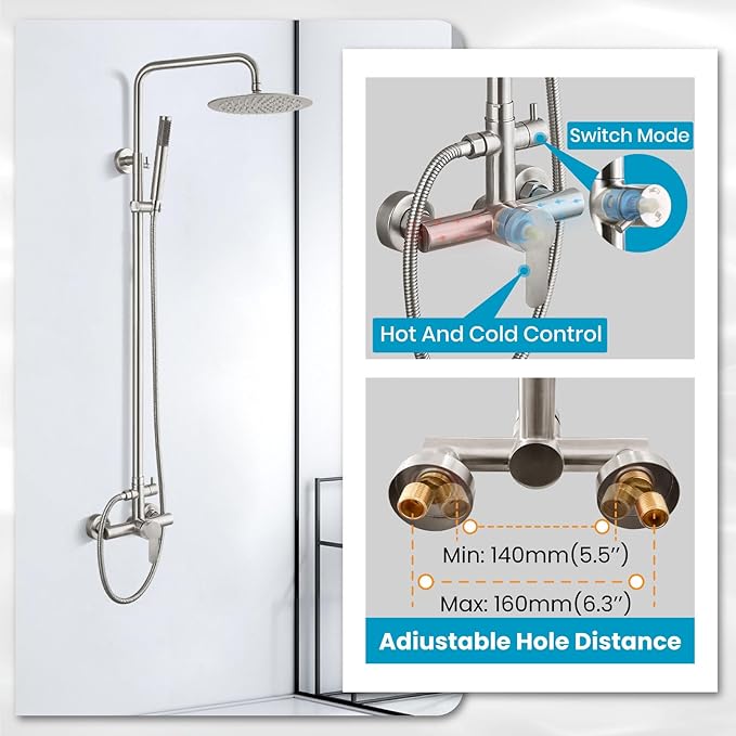 gotonovo Outdoor Shower Fixtures SUS304 Stainless Steel Rain Shower Kit Faucet High Pressure Wall Mount 2 Dual Function 8 Inch Showerhead and Handheld Spray Combo, Single Handle, Brushed Nickel
