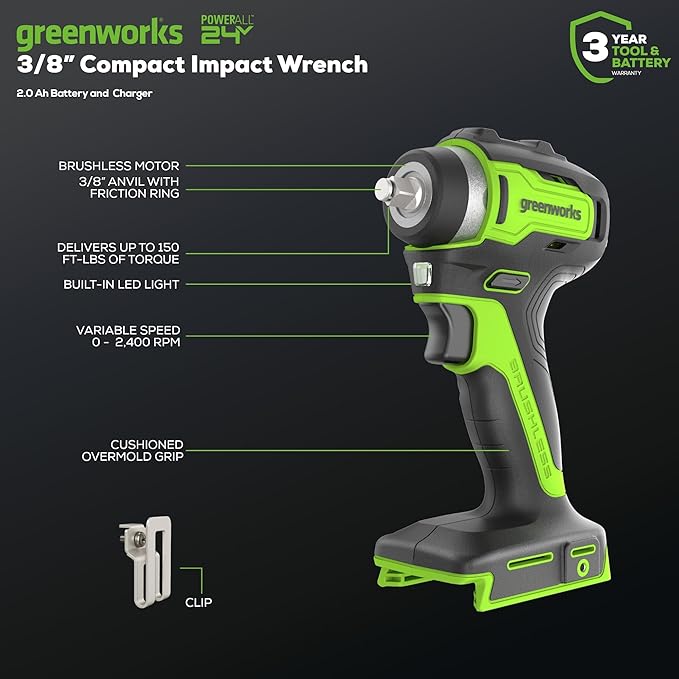 Greenworks 24V 3/8" Brushless Cordless Impact Wrench, 3/8 Inch, 150 ft.-lbs Torque, Lightweight and Compact, with 2.0Ah Battery and Charger, PA147K