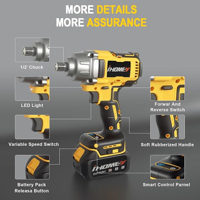 816.67Ft-lbs(1100N.m) Cordless Impact Wrench, 1/2 inch Power Torque Wrench, 2-Mode Speed,Electric Impact Gun with 2 Batteries, Charger and 5 Sockets