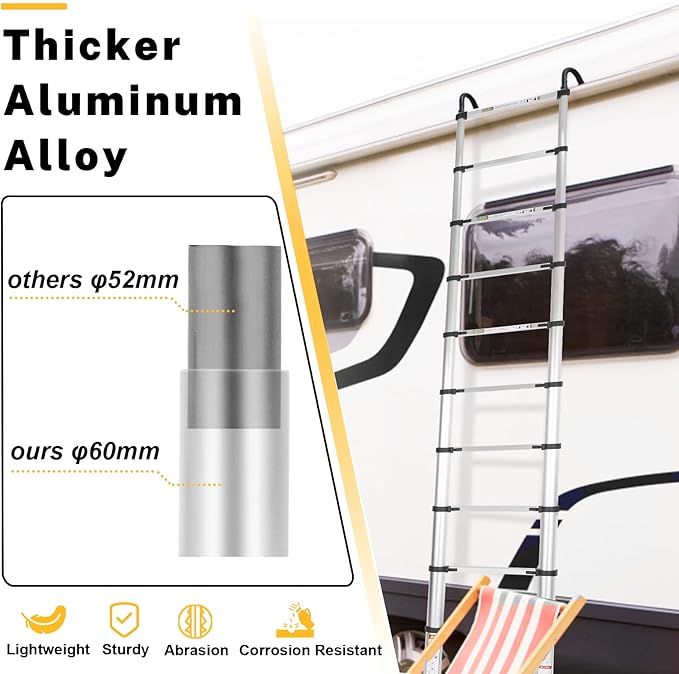 Telescopic Ladder, 8.5FT RIKADE Aluminum Telescoping Ladder with Non-Slip Feet and Stable Hook, Portable Extension Ladder for Household and Outdoor Working, 330lb Capacity