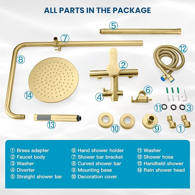 gotonovo Outdoor Shower Fixtures SUS304 Stainless Steel Rain Shower Kit Faucet High Pressure Wall Mount 2 Dual Function 8 Inch Showerhead and Handheld Spray Combo, Single Handle, Brushed Gold