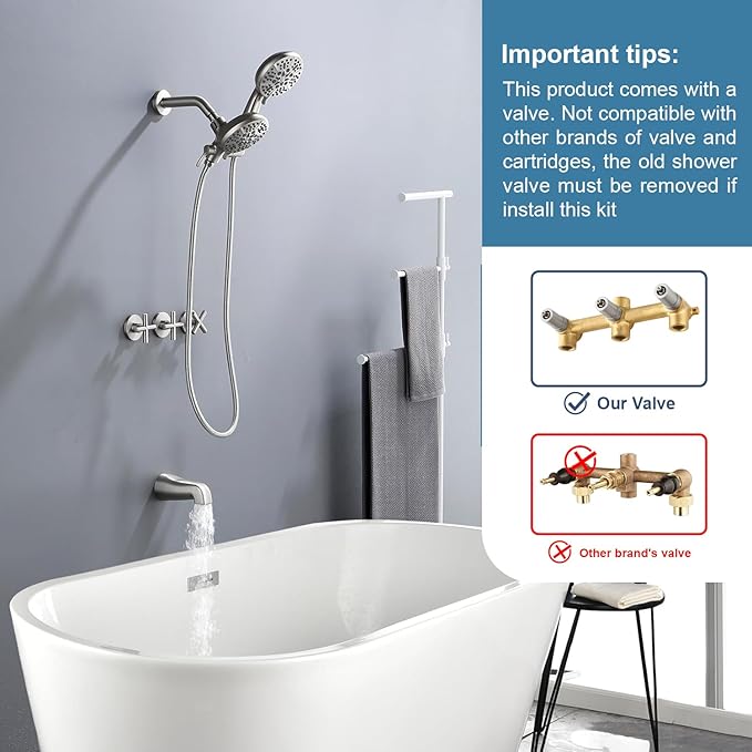 3 Handle Shower Faucet Set with Tub Spout Bathtub Shower Faucets Combo Set Shower System Complete Tub and Shower Trim Kit Brushed Nickel