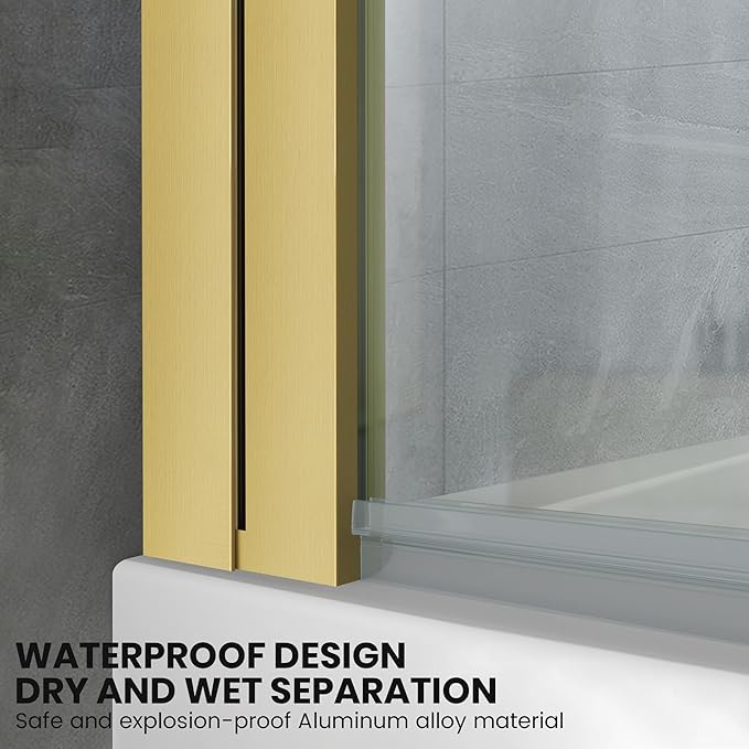 Frameless Hinged Bathtub Shower Glass Door - 34"x58", Clear 8mm Thick, Brushed Gold with Stainless Steel Handle