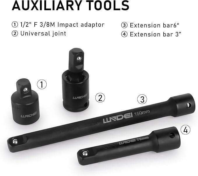 LLNDEI 3/8" Drive Impact Socket Set SAE and Metric (5/16"- 3/4", 8-22mm) 48pcs, CR-V Steel, 6 Point Sockets, Extension Bar (3-in, 6-in), 1/2"F to 3/8"M Reducer Universal Joint