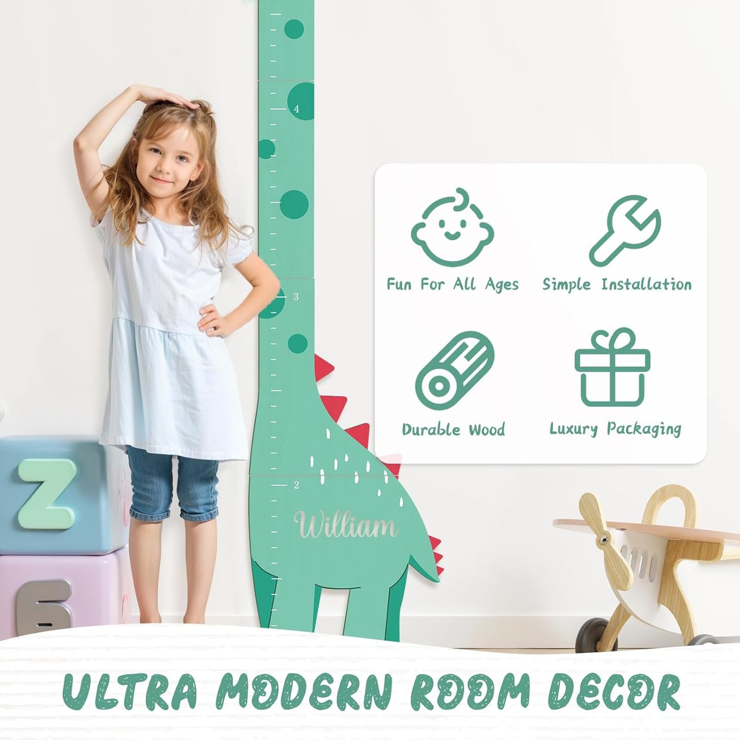 Personalized Name Growth Chart, Dinosaur Wooden Height Chart, Thick Height Measuring Board, Kids Height Tracker for Nursery Decor, Baby Boy Girl Measurement Ruler, Growth Charts Ruler
