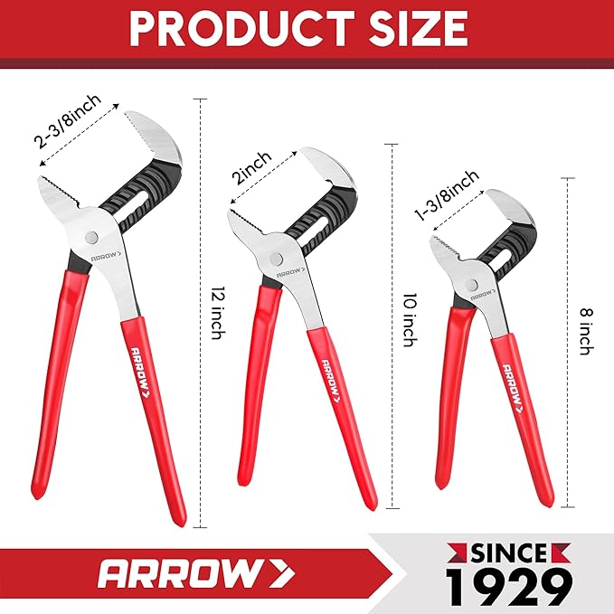 ARROW Groove Joint Pliers, 8" Adjustable Water Pump Pliers with 5 Jaw Positions, Serrated Jaws and Comfort Dip-grip Handle, Ideal for Plumbing Repair and Home Maintenance