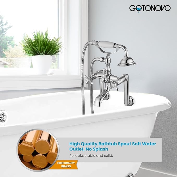 gotonovo Clawfoot Bathtub Faucet Tub Filler with Hand Held Shower Faucet Set Victorian Double Cross Handle 6 Inch Center Adjustable Swing Arms Tub Mount Long Adapter Polished Chrome
