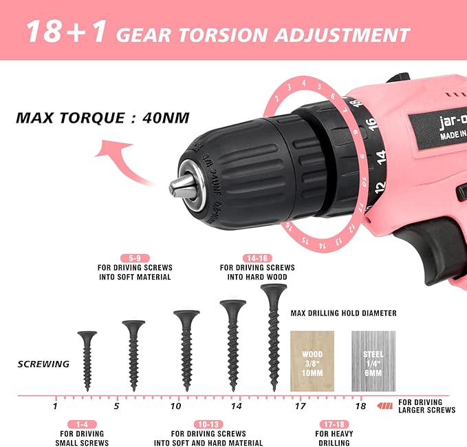 Jar-Owl 21V Pink Cordless Drill Set for Women,350 in-lb Torque, 0-1350RMP Variable Speed, 10MM 3/8'' Keyless Chuck, 18+1 Clutch, 1.5Ah Li-Ion Battery & Charger for Home DIY and Repair - Black & Pink