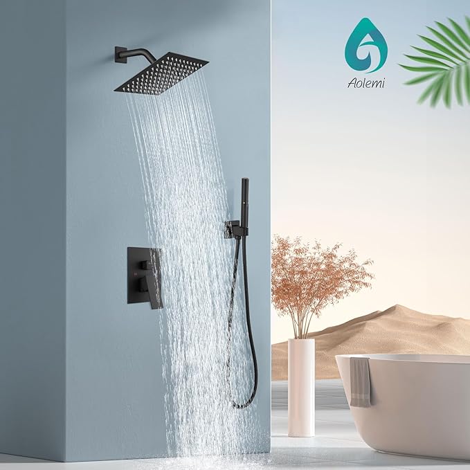 Aolemi Shower System with Rainfall Shower Head and Handheld Wall Mount,High Pressure Shower Faucet Set Fixture Combo with 2 in 1 Handheld Spray Rough-in Valve,8 Inch Shower Head Matte Black
