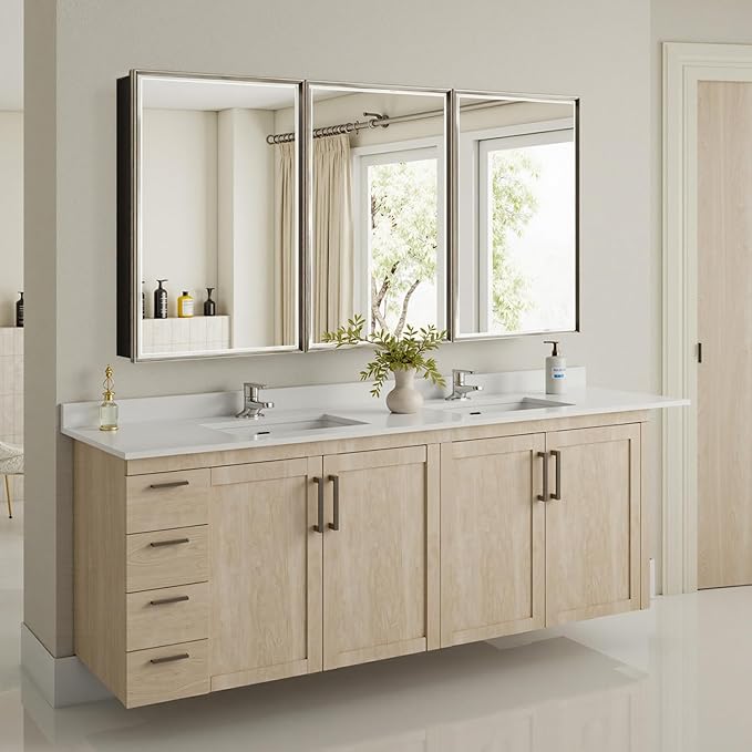 60x30 Brushed Nickel Medicine Cabinet, Recessed or Surface Large Framed Medicine Cabinet with 3 Beveled Mirror Door & Adjustable Shelves, Shatterproof, Pre-Assembled Bathroom Storage Cabinet