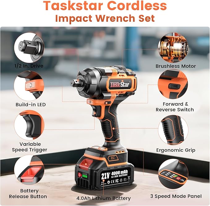 Cordless Impact Wrench 1/2“, 1110 Ft-lbs(1500 N.m) Brushless High Torque Impact Gun, 2 * 4.0 Ah Batteries, Fast Charger, Socket Sets, Lug Nuts Removal Electric Impact Driver for Car Mower Truck Gift
