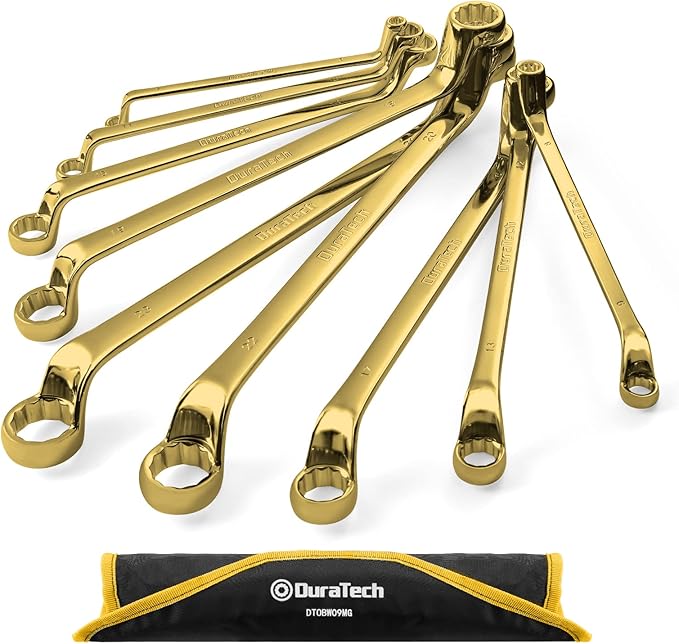 DURATECH Offset Box Wrench Set, Metric, 9-Piece, 6-23mm, 75-Degree, CR-V Steel, Titanium Plating with Pouch