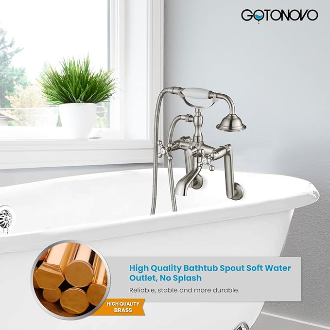 gotonovo Clawfoot Bathtub Faucet Tub Filler with Hand Held Shower Faucet Set Victorian Double Cross Handle 6 Inch Center Adjustable Swing Arms Tub Mount Long Adapter Brushed Nickel