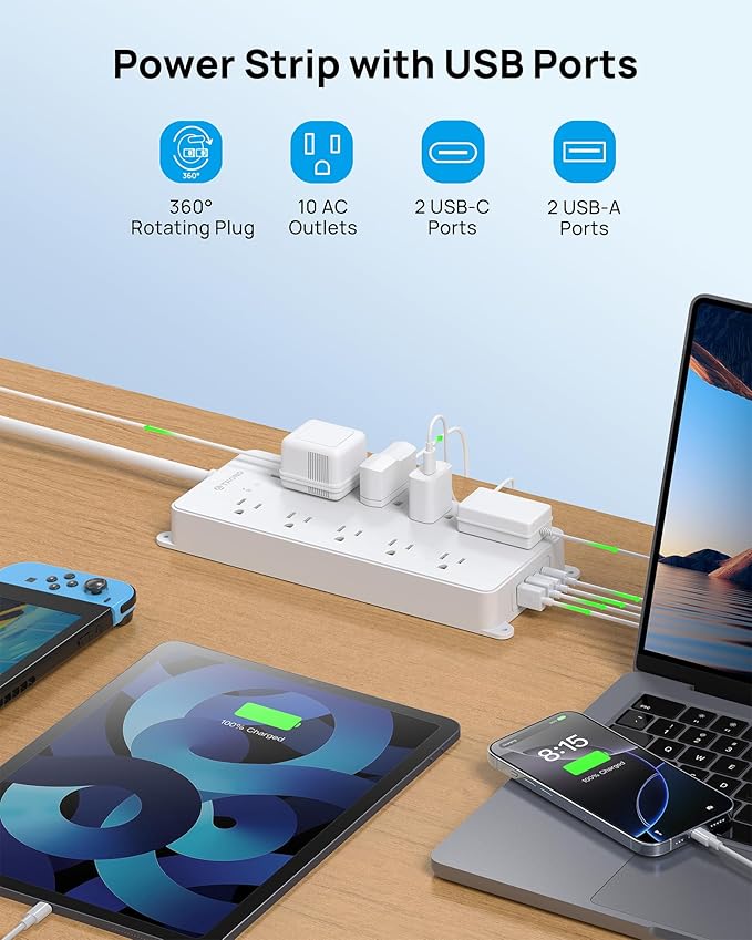 TROND 360° Rotating Plug Surge Protector 15ft, Power Strip with 2 USB A and 2 USB C, 10 Widely Spaced Outlets, 4000J, ETL Listed, Wall Mountable, for Home Office Entertainment, White