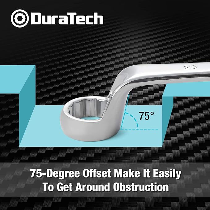 DURATECH Offset Box Wrench Set, Metric, 9-Piece, 6-23mm, 75-Degree, CR-V Steel, Organized in Rolling Pouch