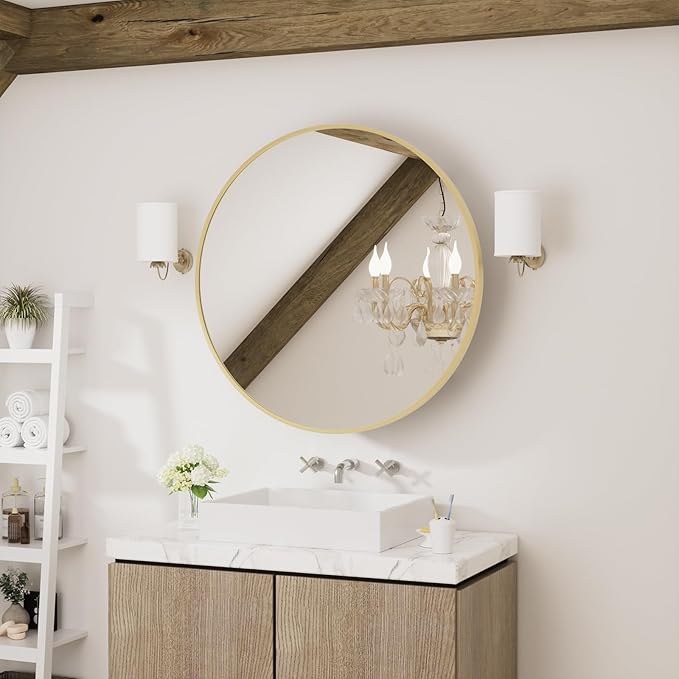 WallBeyond Bathroom Medicine Cabinet with Mirror, 24 Inch Gold Round Mirror Medicine Mabinet Wall Mounted with Aluminum Alloy Metal Framed, Surface Mount Medicine Cabinet with Storage