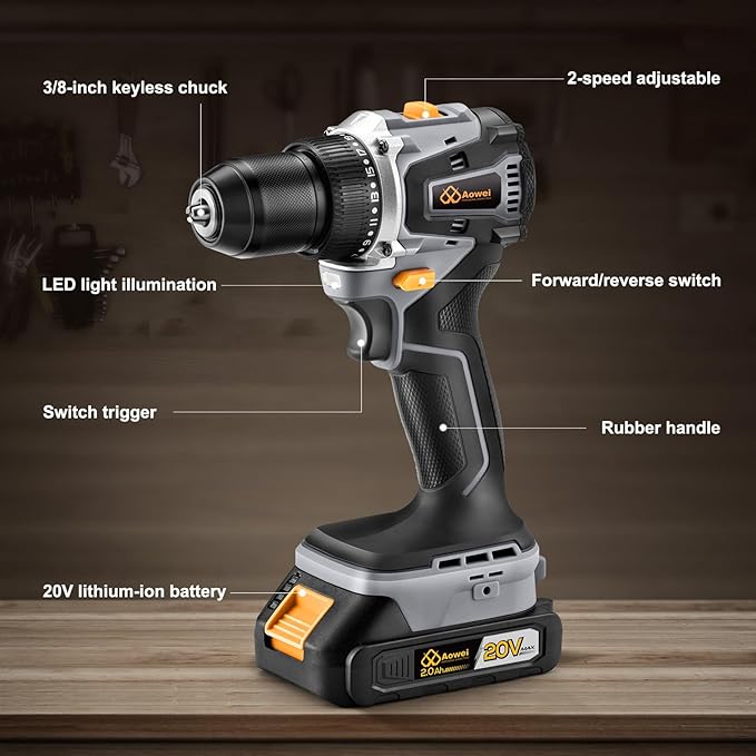 20V Brushless Cordless Lithium-Ion Drill Set, Compact Design, Gray Rechargeable Lithium-Ion Drill Kit, including 2.0Ah Battery, Charger and 3/8-inch Keyless Chuck