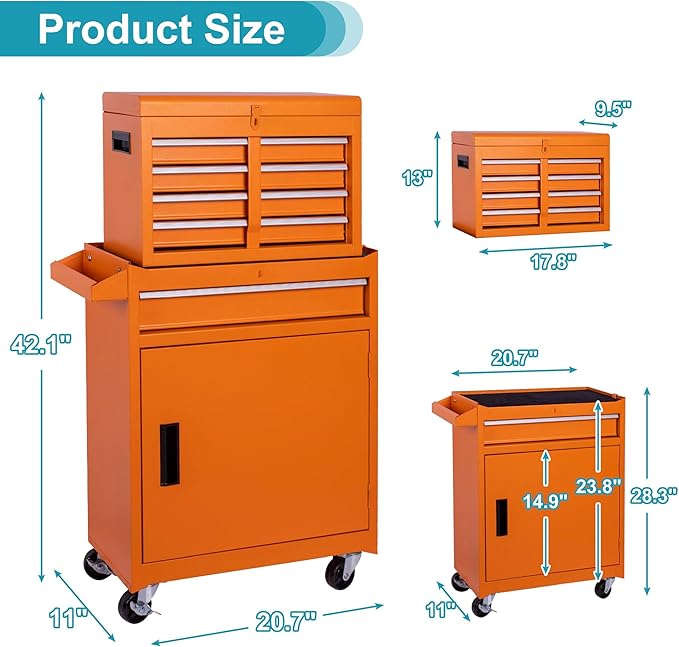 Tool Chest 5 Drawers Garage Storage Cabinet 2 in 1 Steel Frame Tool Chest with Wheels, Protective Liner, Detachable Top and Adjustable Shelf, Tool Box for Garage Workshop, Orange