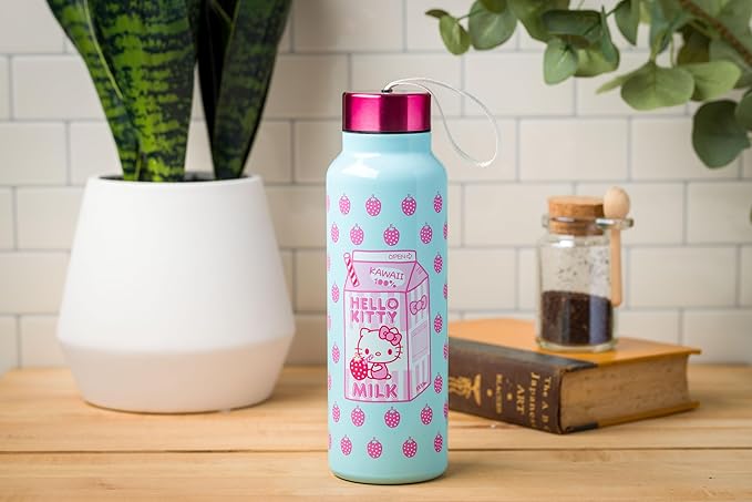 Silver Buffalo Sanrio Hello Kitty Strawberry Milk Stainless Steel Water Bottle with Strap, 27 Ounces