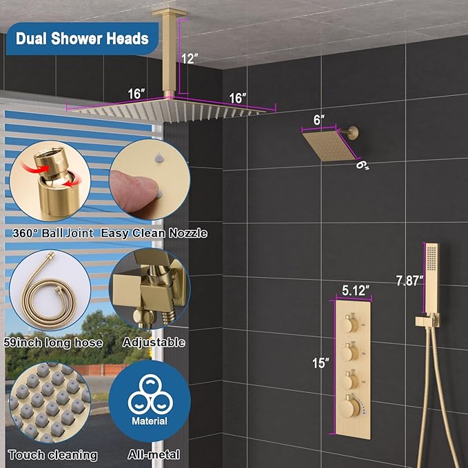 Enga Thermostatic Dual Head Shower System - 16"+6" Ceiling & Wall Mount Rainfall Showerheads, All Functions Simultaneous & Adjustable Volume, Brushed Gold