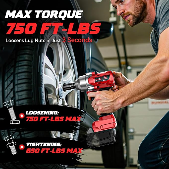 Cordless Impact Wrench 1/2" Compatible with Milwaukee 18v Battery, 750 Ft-lbs High Torque Impact Driver with 6Pcs Sockets & Storage Case, Brushless Impact Gun with 4-Speed & LED Light(Bare Tool)