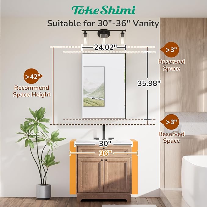 TokeShimi 24x36 Recessed Medicine Cabinet with Mirror Surface Mount, Brushed Nickel Bathroom Mirrored Medicine Cabinet, Bathroom Mirror with Storage Adjustable, Aluminum Framed