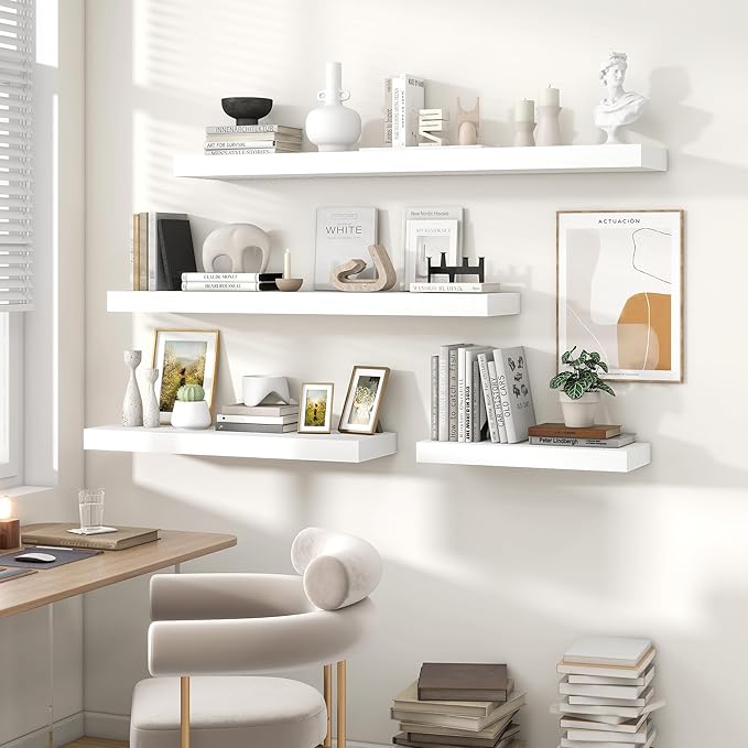 Heimlove 48" White Floating Shelves for Wall,10 Deep Rustic Wood Display & Storage Wall Shelves with Heavy Duty Brackets for Bathroom,Bedroom,Kitchen,Living Room,Office,Set of 2